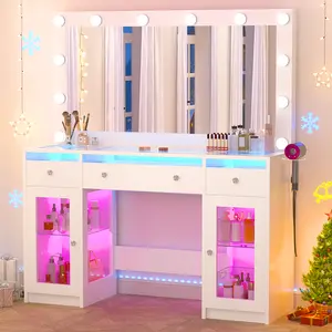 47" Vanity Desk with 6000-Colors LED Lighting & Power Outlet Makeup Vanity Desk with LED Mirror 3Colors Transparent Glass Top 3 RGB Drawers Hair Dryer Holder 2 Large Tempered Cabinets for Bedroom White/Black