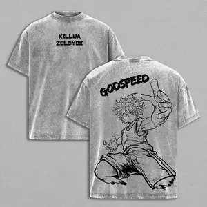 Menswear Short-Sleeve T-Shirt, Vintage Washed Hunter x Hunter Killua Zoldyck Godspeed Double-Sided Distressed Anime Figure Graphic Tee, Oversized Retro Harajuku Streetwear Y2K Aesthetic, 100% Cotton Casual Festive Japanese Manga Nen Ability Top for Men