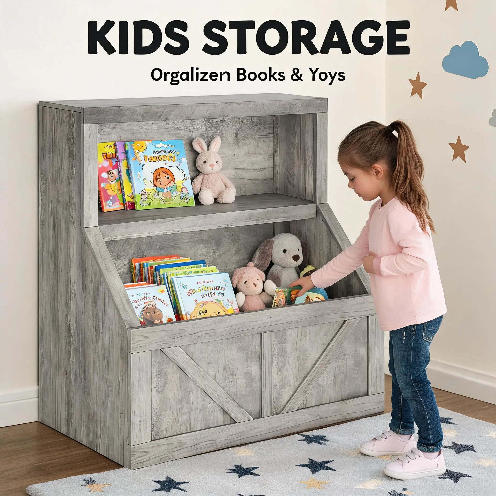 Garvee Wooden Kids Bookshelf and Toy Storage Cabinet – 2-Tier Bookcase with Large Cubbies and Organizer Shelves – Sturdy Space-Saving Floor Shelf for Playroom Nursery Bedroom or Study Area