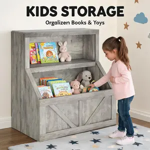 Garvee Wooden Kids Bookshelf and Toy Storage Cabinet – 2-Tier Bookcase with Large Cubbies and Organizer Shelves – Sturdy Space-Saving Floor Shelf for Playroom Nursery Bedroom or Study Area