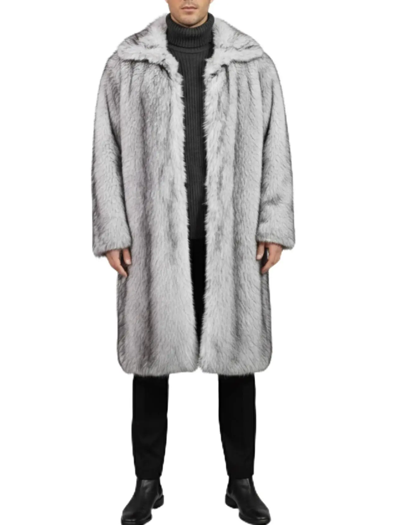 Gihuo Long Faux Fur Coat Mens Trench Faux Fur Jacket Fake Fur Mink Coats Cardigan Fleece Sleeve Tops Menswear