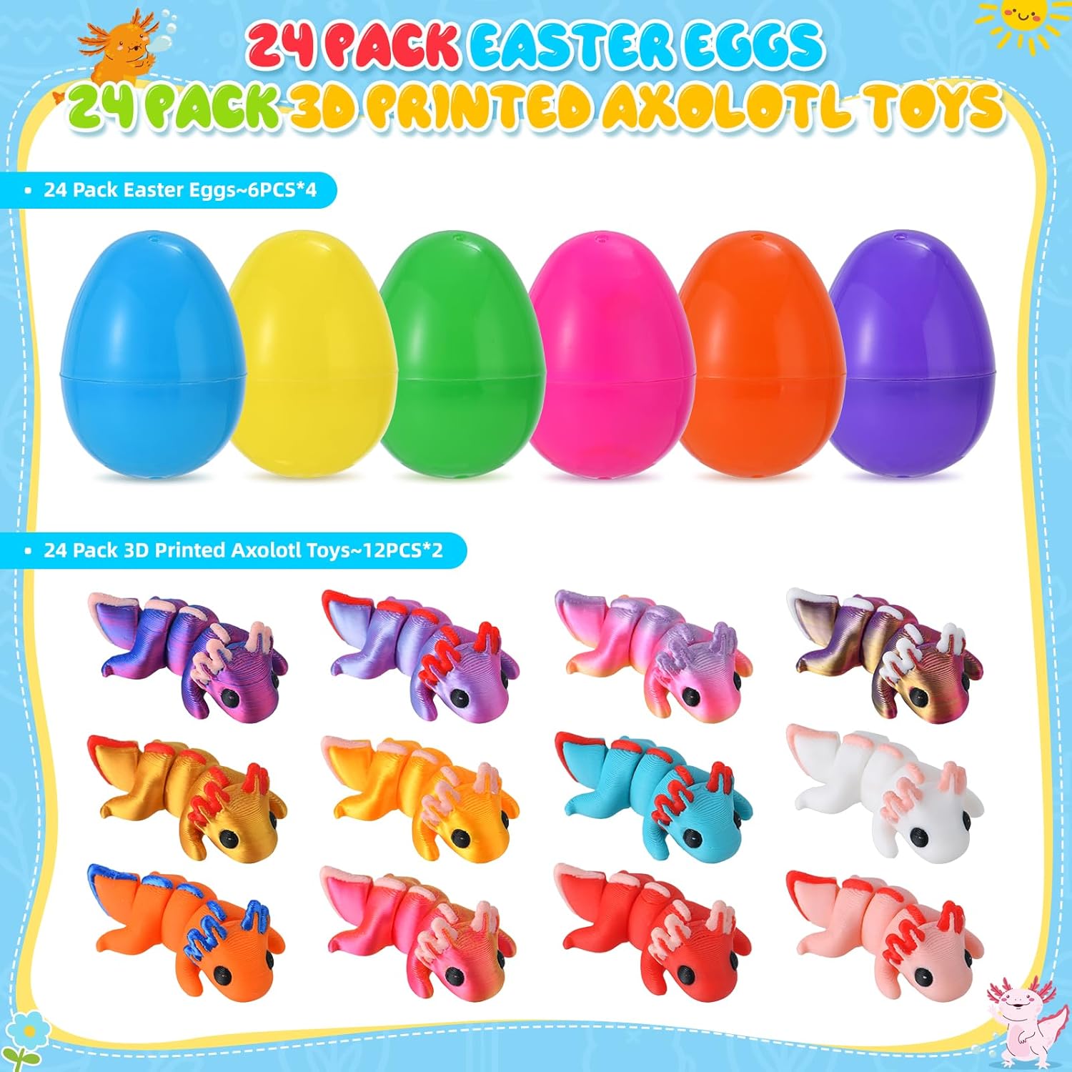 24‑Pack Prefilled Easter Eggs with 3D Printed Axolotl Figurines – Easter Basket Stuffers & Easter Egg Hunt Toys for Kids, Fun Fidget & Toy Egg Fillers