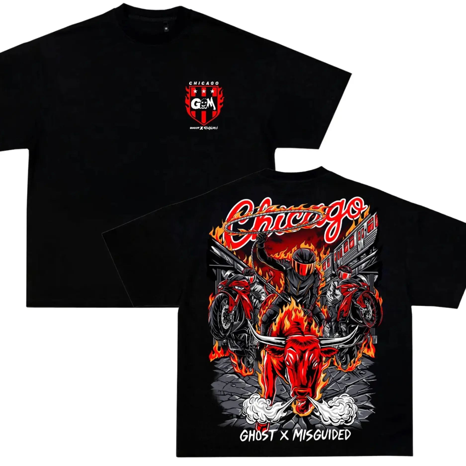 Ghost X Misguided Chicago T-Shirt, Motorcycle Rider Graphic Tee, Double Sided Biker Shirt, Flaming Bull Skull Streetwear, Vintage Racing Apparel Gift