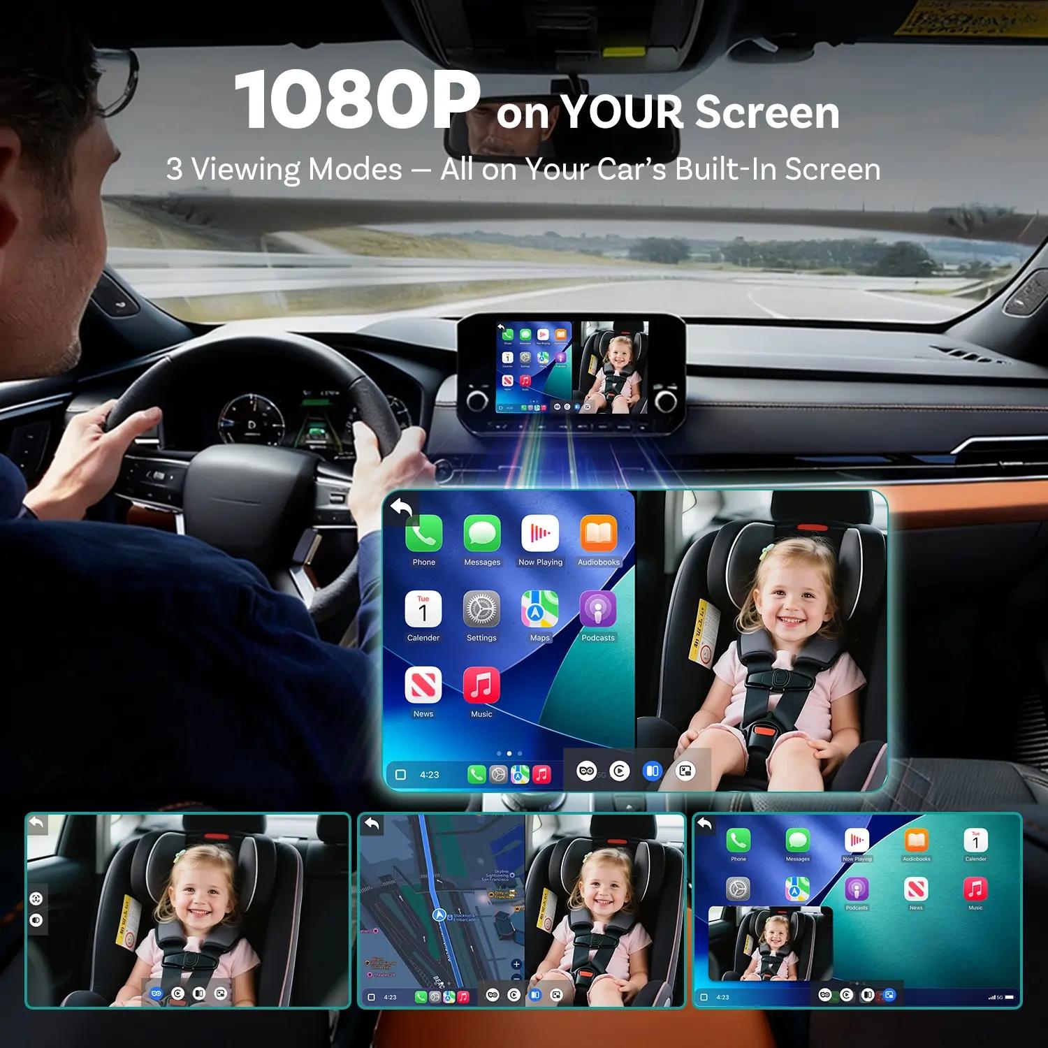 OTTOCAST Wireless CarPlay Adapter & Baby Camera for Car 1080P HD Rear Seat Monitor Display on Car Screen,150°Wide Angle No-Glow Night View, Safety for Kids & Infants