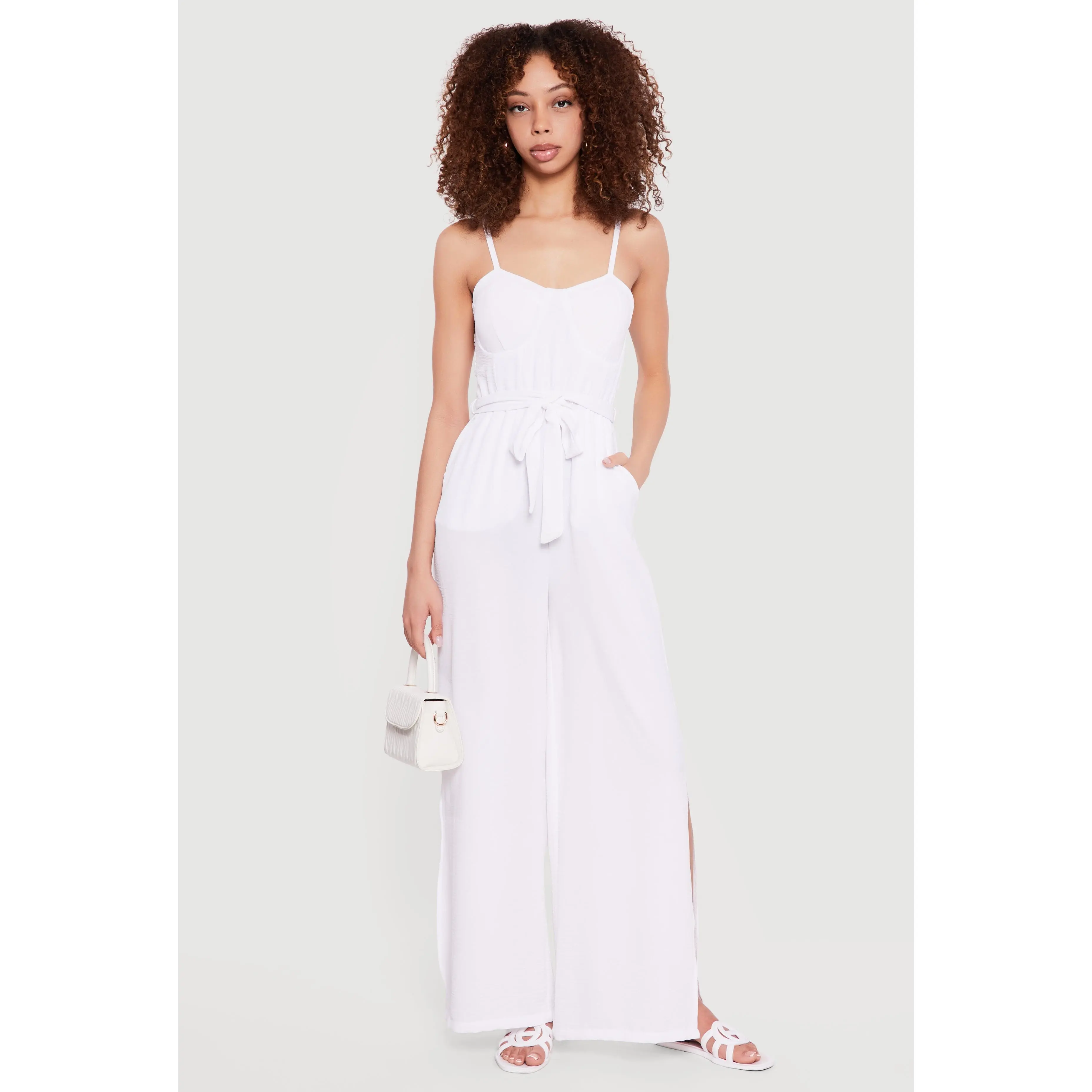 Crepe Knit Tie Waist Belted Side Slit Bustier Jumpsuit