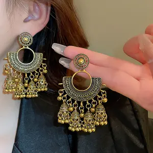 Exquisite Bohemian Gold-Tone Chandelier Earrings with Tassel Drops, Vintage Ethnic Elegant Statement Dangle Earrings for Women