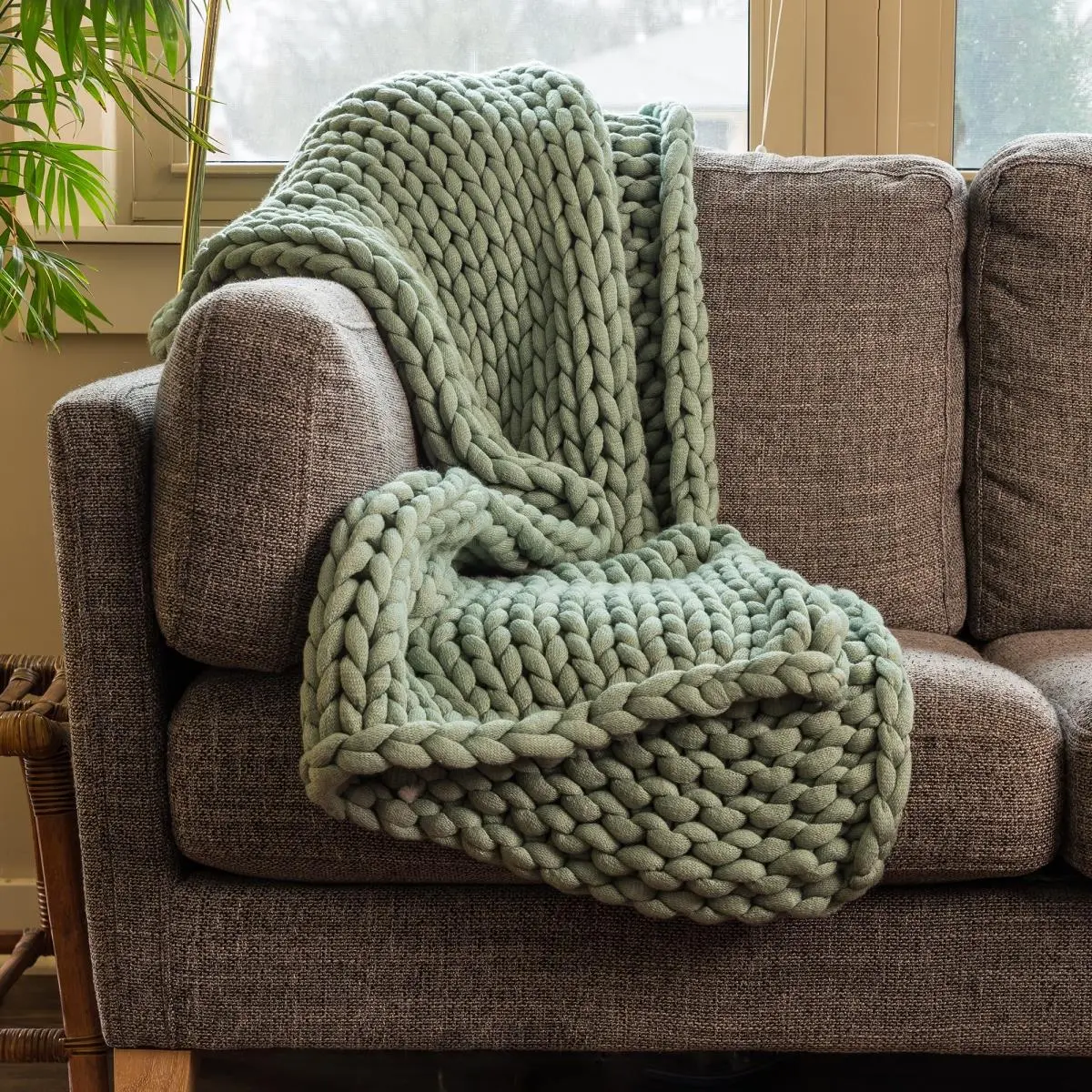 212 MAIN Chunky Knit Blanket - Rectangular Acrylic Fiber Throw, 40x50 in, Soft Textured, Warming, Sage, Ideal for Outdoor Sofas & Furniture