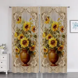 Sunflower Pattern Door Curtain, 2 Counts/set Vintage Floral Plant Leaf Design Door Curtain, Home Decor for Living Room Bedroom Hotel Salon