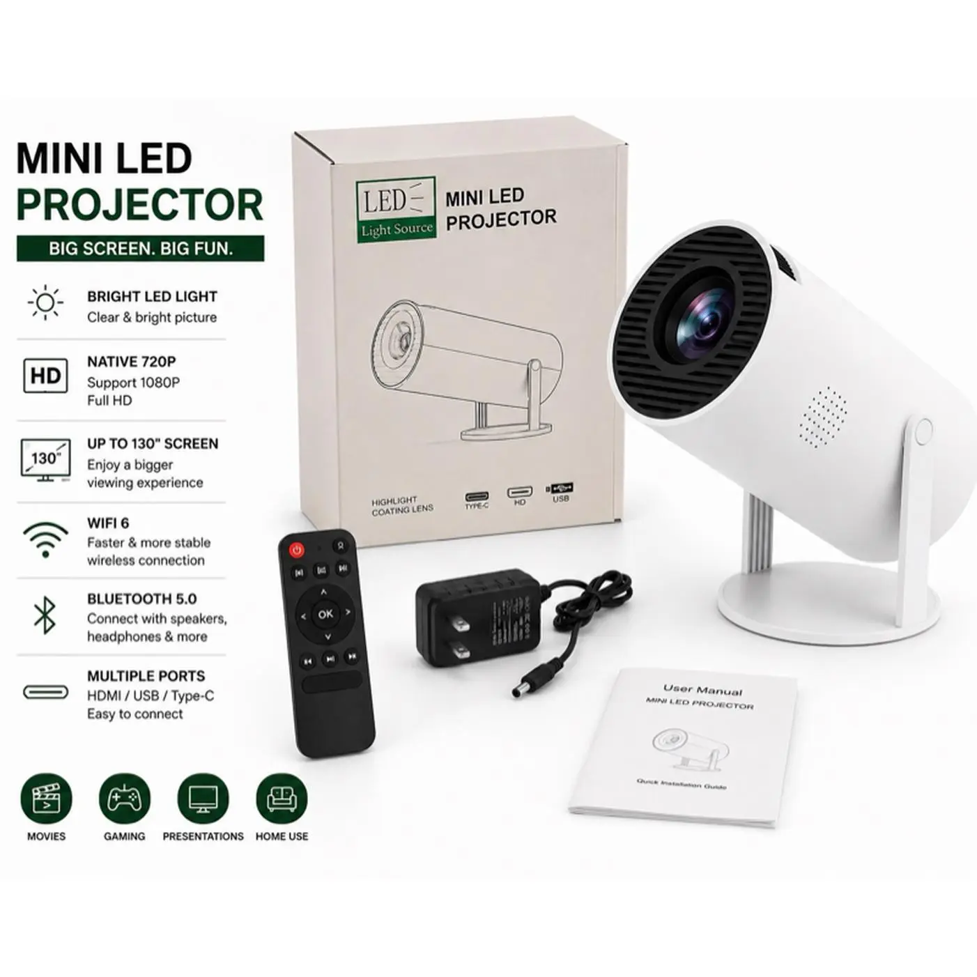 Mini LED Projector White WiFi Bluetooth 720P Full HD 130° Screen Remote Control HDMI USB Type-C Ports