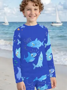 Boys Summer Water Play ! Cartoon Shark Print Long Sleeve Sun Protection Swimwear Set, Casual Slim-Fitting Short Pants, Swim Shorts
