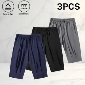 Ice silk three quarter pants set of 3, minimalist  style with a drapey feel and a drawstring elastic waistband; breathable, quick drying, unisex for summer wear at home and outdoors—comfortable wide leg pants suitable for walking and commuting.  casual ti