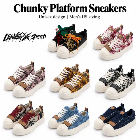 LightningSpeed Unisex Chunky Platform Trainers - 5cm Height Boost, Low-Top Ankle Leather/Tweed Shoes, Denim-Pair Friendly, All Seasons Casual Streetwear Footwear