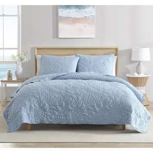 Twin Coastal Shell Quilt Set - 2-Piece Blue Beach-Themed Bedding for All Seasons