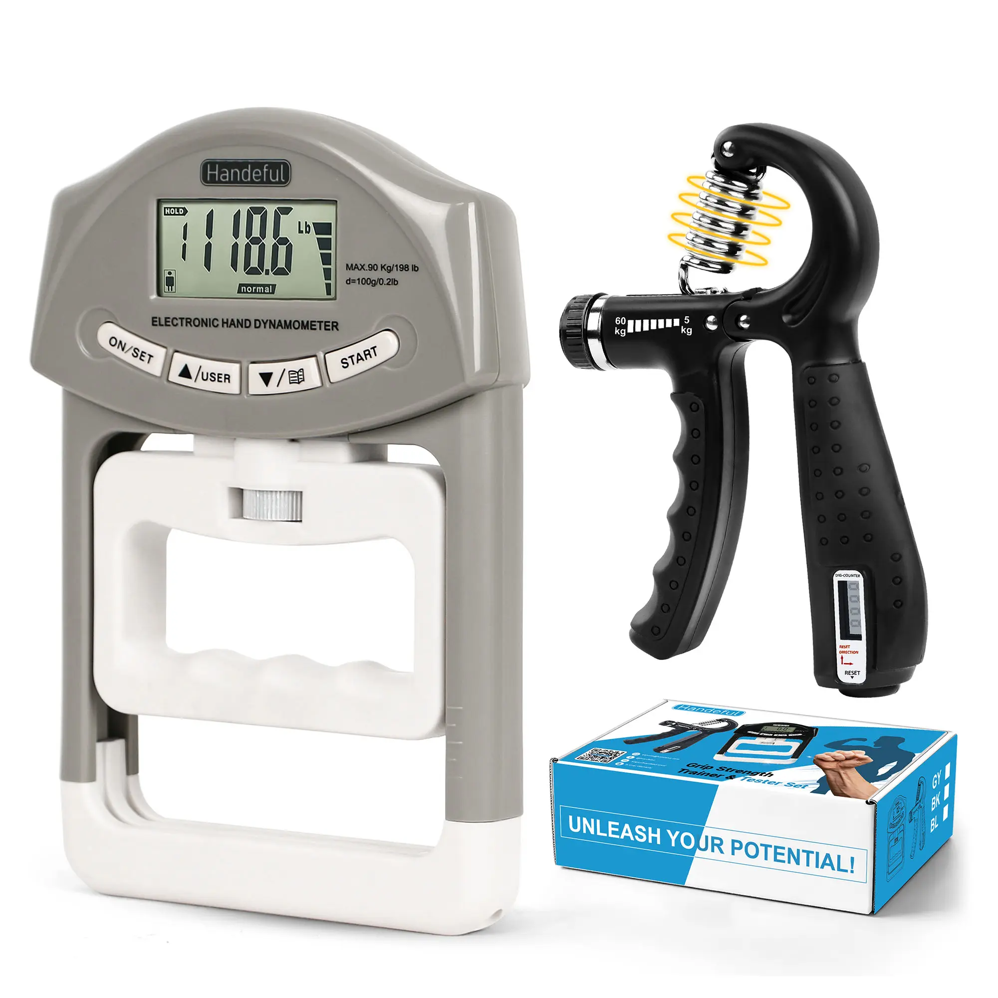 Handexer Hand Grip Strength Tester & Trainer - Adjustable Handstrengthener with Dynamometer, Hand Grips for Strength Training, Fitness Equipment for Home Fitness & Rehab Support