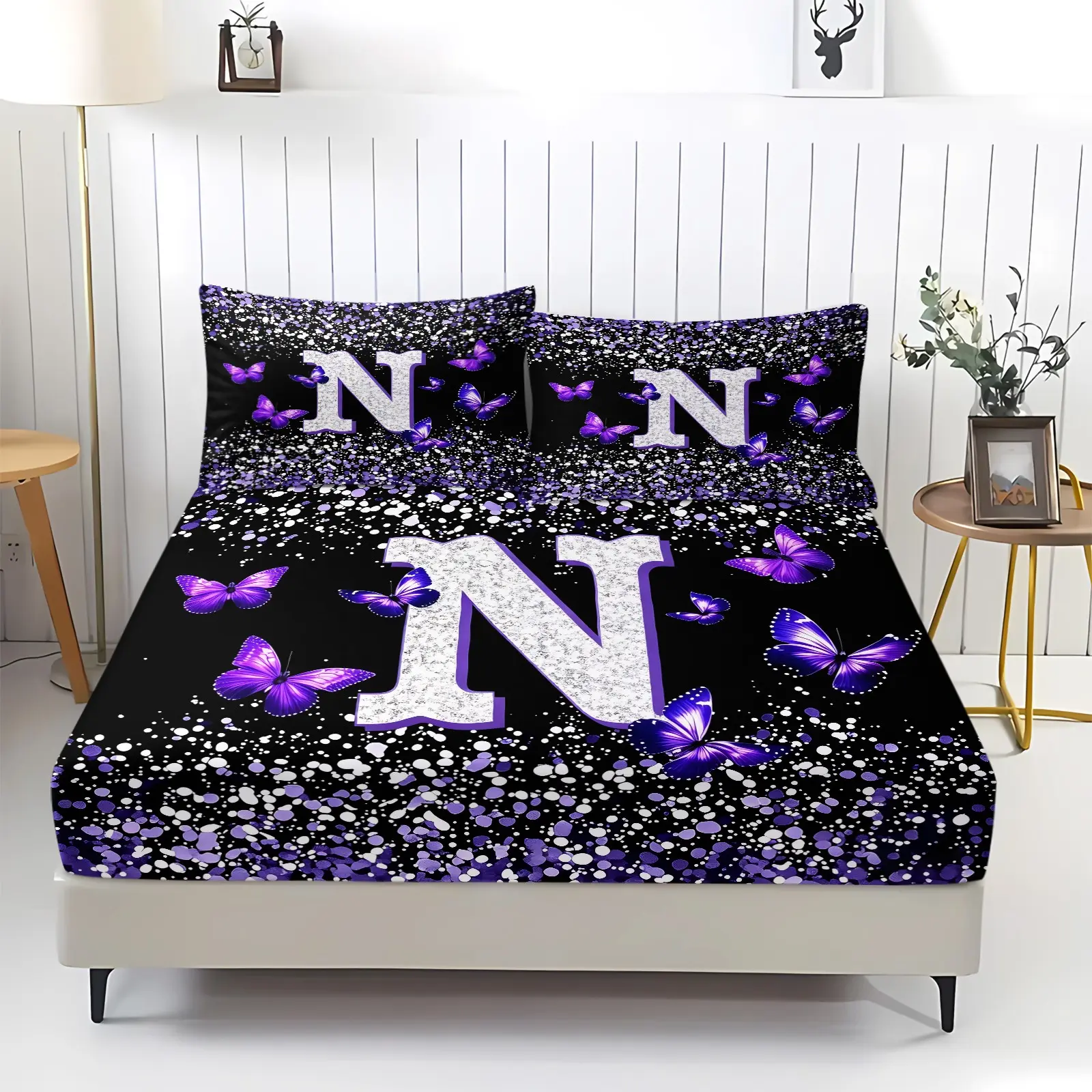 3pcs 100% Polyester / Butterfly Alphabet Fitted Sheet Set / Aesthetic Purple Glitter 26 Letter Pattern / Soft Breathable Microfiber Bedding / Modern Home Interior Essential / Gift for Girls / Ultra-Soft Luxury Bed Sheets / [Do Not Contain Fillings]
