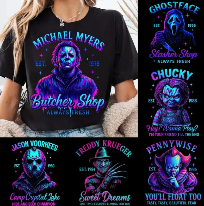 Halloween Neon Movie Characters T-Shirt, Neon Retro Halloween Shirt, Scary Movies Shirt, Halloween Characters Movies