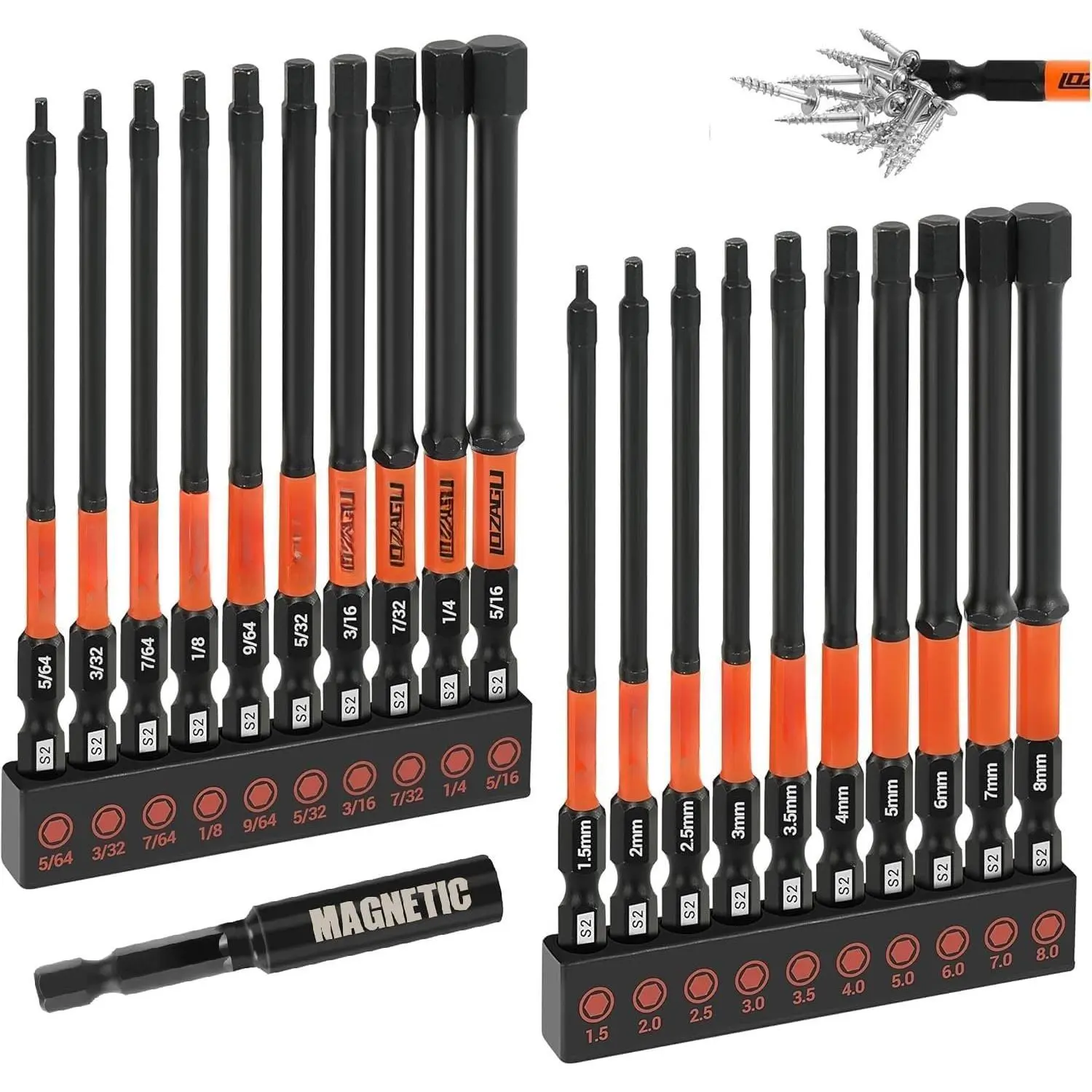 21- Hex  Allen Wrench Drill Bit Set, Metric and SAE S2 Steel Hex Bits Set,  Tips, 4" Long with Bit Holder and Storage Box