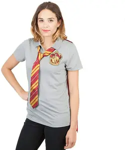 Women Junior's Gray Harry Potter Gryffindor Caped Polo Tie Juniors Tee T-Shirt