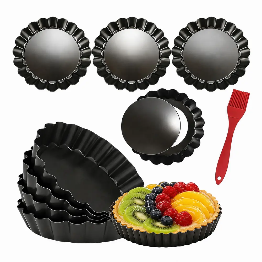 8 Packs 4-Inch Mini Tart Pans with 1Pc Silicone Brush Kit, Removable Bottom Round Nonstick Quiche Pan, Heavy Duty Fluted Side for Pies, Mousse Cakes, Dessert Baking
