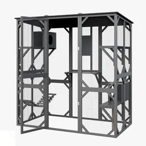 Large 70" Outdoor Catio Enclosure with Window Access Door & Asphalt Roof, Walk-in Cat Cage with 4 Platforms, 2 Sleeping Houses for Multiple Cats, Compatible with Cat Tunnel