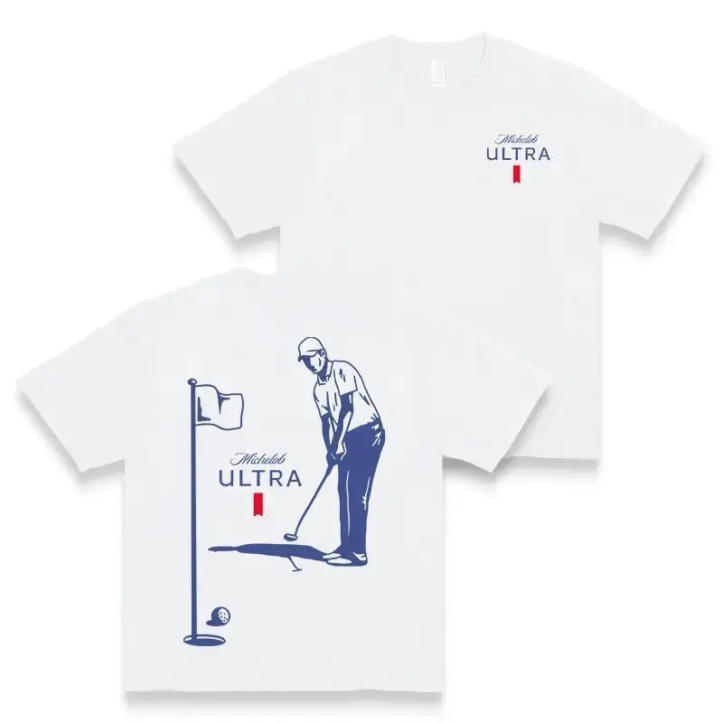 Women's Winter Fitted Crew Neck Short-Sleeve T-Shirt - 2-Sided Michelob Ultra Golfing Print as Photos, Casual Wear, Ideal Gift Item