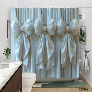 Ribbon bow pattern forest shower curtain design, polyester fabric, windows and walls, bathtub, bathroom home decoration shower curtain, all season universal shower curtain, bathroom decoration curtain, with 12 hooks