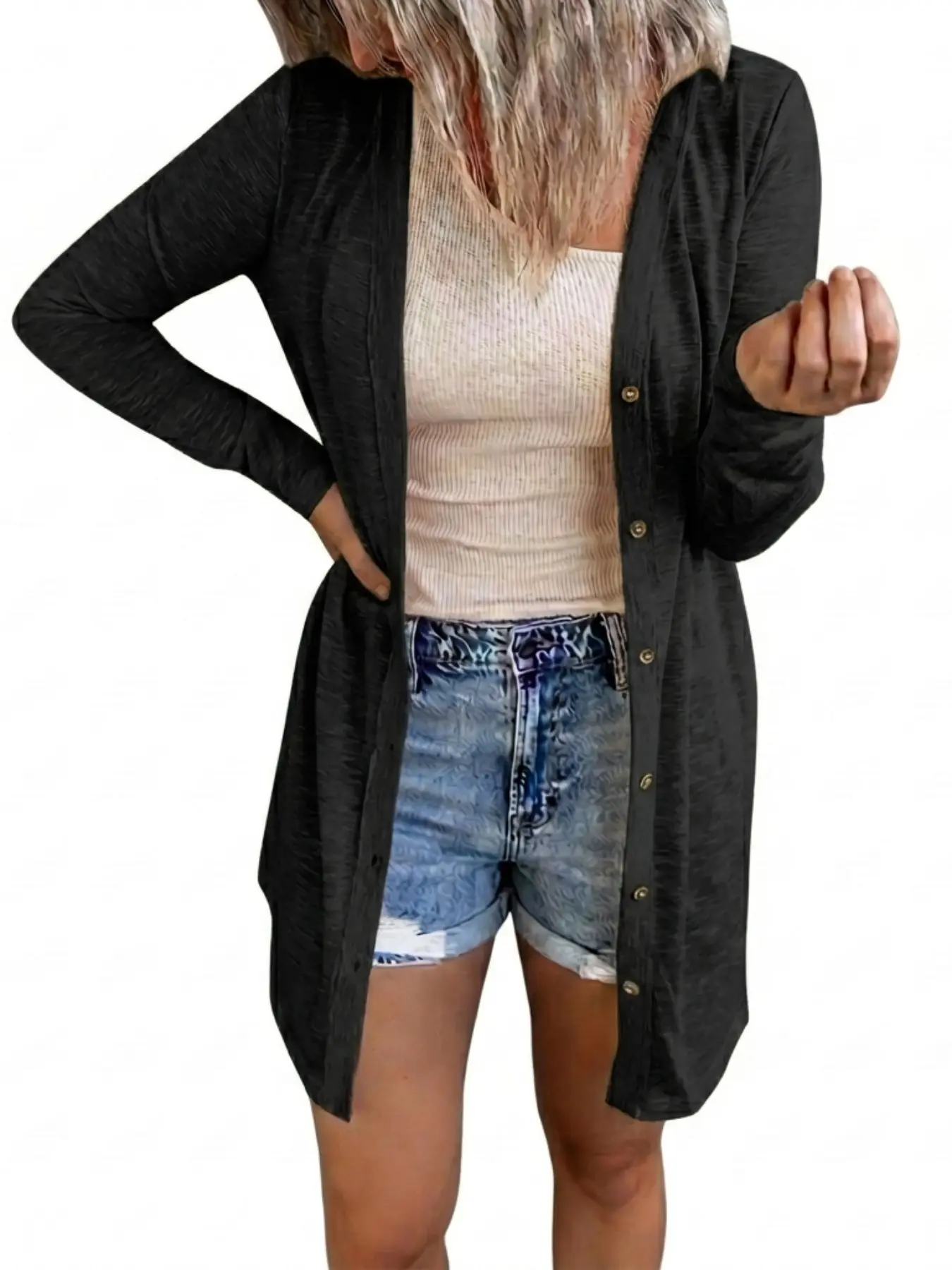 Women's Summer Physical Sun Protection Long Sleeve Button Front Solid Fabric Cardigan Longline, Loose Fit Slimming Breathable Outdoor Beach Essential UV Cover-Up Fashion