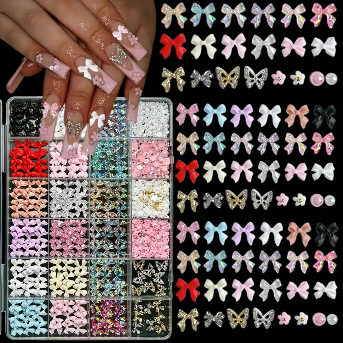 1Box 3D Classic Bowknots Resin Nail Charms Sold Color Ribbon Bow Light Luxury Hollowed Butterfly Alloy Nail Art Decorations DIY Manicure Supplies Nail Art Design Nail Art Accessories Nail Designs