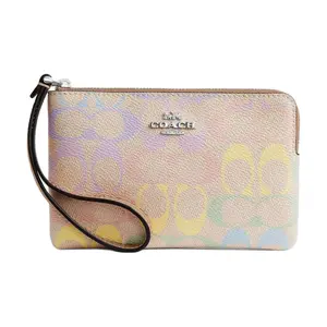 COACH Corner Zip Wristlet 16 in Sand Yellow with Classic Logo and Rainbow Accents, Small Leather Wallet for Women