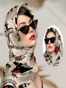 A versatile scarf for hair featuring a playing card (ace of hearts), blooming red rose, flying swallows, barbed wire, & vintage tattoo typography, cream - colored base with black - red graphics—perfect for biker gatherings, rock - n - roll festivals, or c
