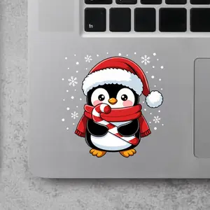 Penguin Christmas Candy Cane Winter Cute Penguin Xmas 2x2 inches Cut Out Sticker