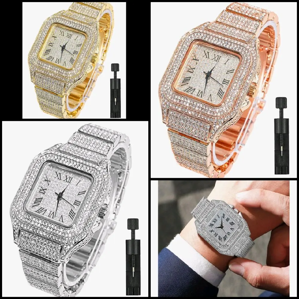 Iced Out Watch CZ Gold Plated 40mm Width Roman Numerals Dial Quartz Wristband Watch for Men Women