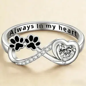 Heart-Shaped Cat & Puppy Paw Ring, Diamond-Encrusted Elegant Jewelry, Sweet Keepsake for Animal Lovers