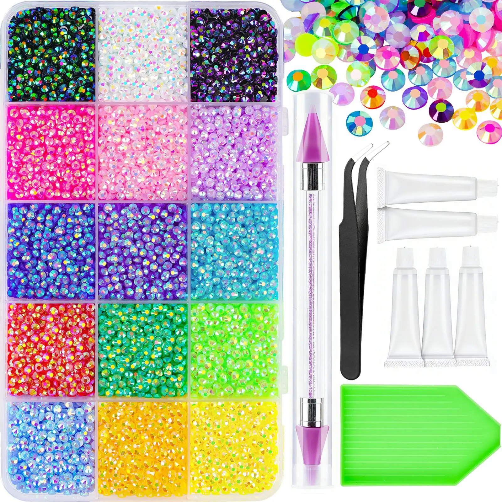 18000Pcs Multicolor 3mm Flatback Acrylic Rhinestones, with FREE Jewelry Glue, Rhinestone Picker Tool for DIY Craft Clothes Shoes Nail Art