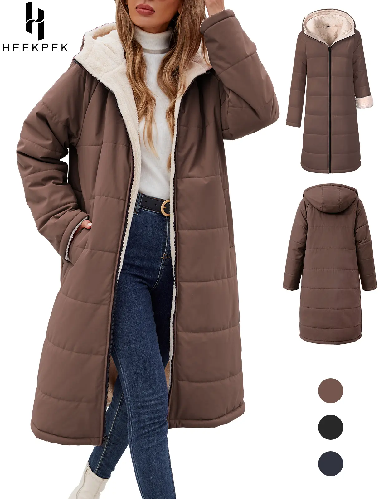 【Early bird price】HEEKPEK Women's Reversible Sherpa Fleece Long Puffer Coat - Hooded, Windproof, Polyester Winter Jacket 2026 with Warmth, Hand Wash Compatible