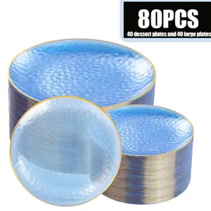 80 Piece Transparent Blue Plastic Plates, Hammered Blue Plates with Edges, Includes 40 Dessert Plates & 40 Party Dinner Plates, Disposable Dinner Plates