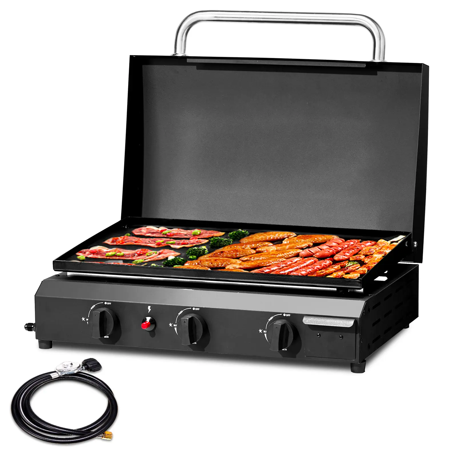 GEEKHOM 3-Burner Large Stainless Steel Flat Top Gas Grill Station with Ceramic Coated Cast Iron Pan, 30,000 BTU Propane-Fuelled Unit for Outdoor BBQ, Oil-Ready Backyard Cookout (Sports & Outdoor Camp Kitchen), Backyard Fit
