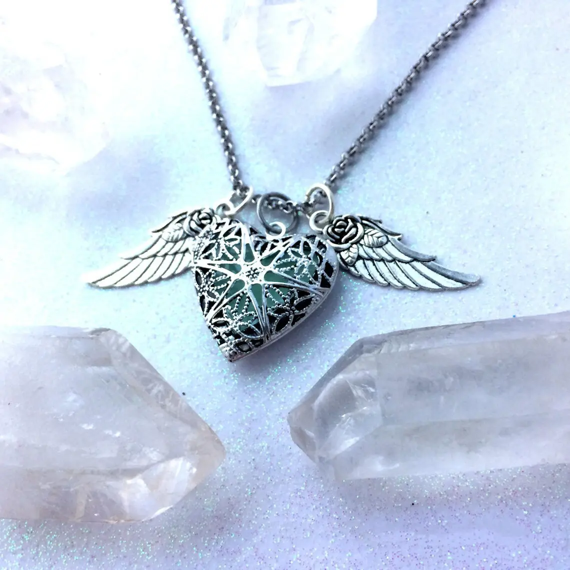 September Laurel  Glow in the Dark Gothic Heart Locket Necklace with Angel Wings – Vintage Jewelry