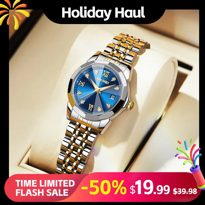 SKMEI Women's Elegant Quartz Watch with Diamond Cut Glass and Roman Dial, Hypoallergenic Stainless Steel Strap, 3ATM Water-Resistant Fashionable Watch for Office Wear, Fashionable Stylish Watch, Modern Fashionable Wristwatch
