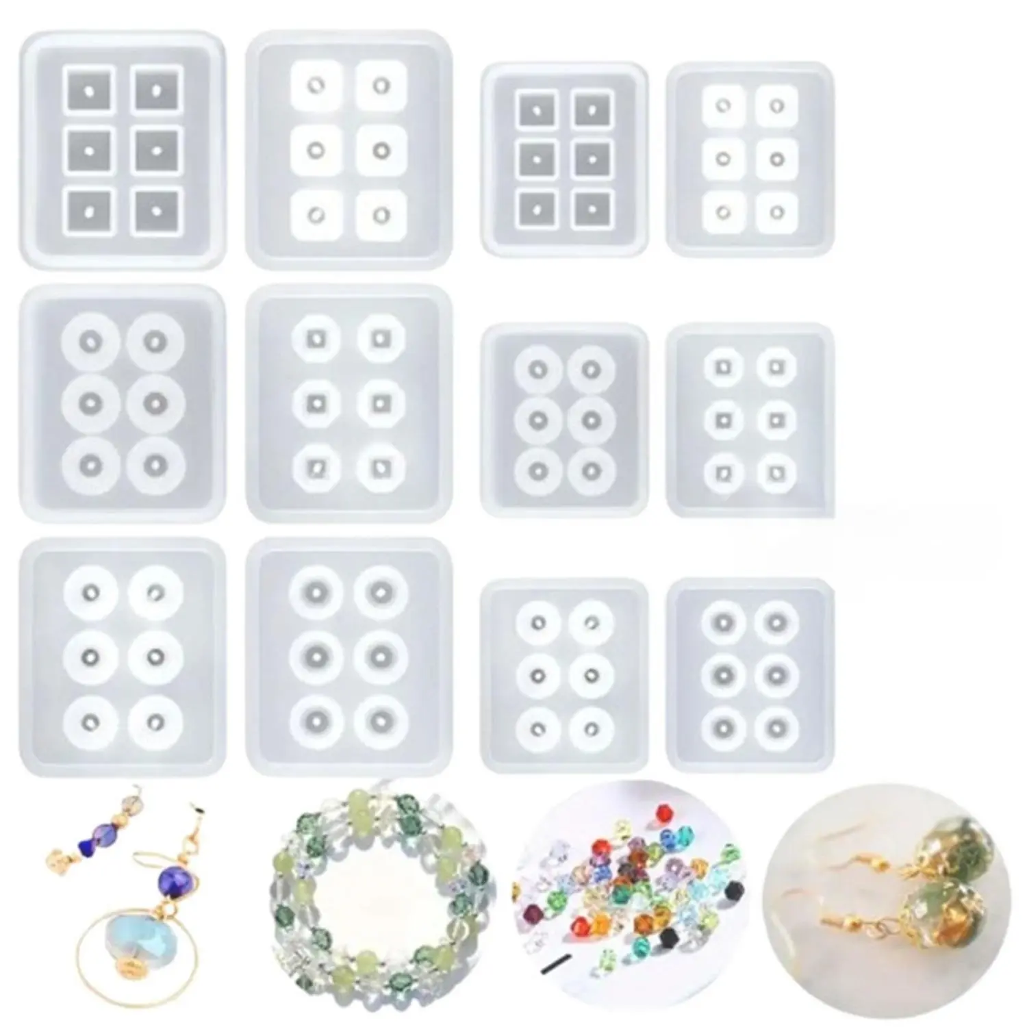 14-Piece Silicone Casting Molds Set with Pre-Drilled Holes, Professional Resin Kit for Beaded Jewelry, Crystal Bead Pendants & Earring Designs