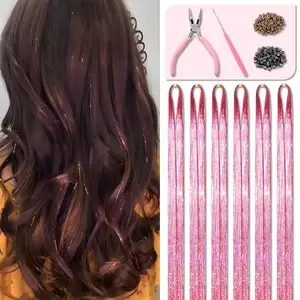 Fairy Hair Tinsel Kit 48 Inches 1200 Strands with Tools and Instruction Easy to Install Glitter Tinsel Hair Extensions for Women and Girls，Shinny Sparkling Braiding Hair Accessories for Halloween Cosplay Party