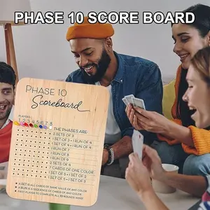 Phase 10 Scoring Board Wooden Ten Stage Scoreboard with Round Tracker, Includes 8 Color Pins, Fun Tabletop Game Accessory for Parties