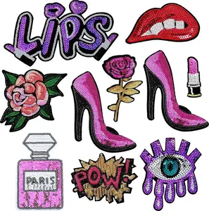 10 Pieces Purple Sequin Iron on Patches DIY Embroidered Patches Lips Lipstick High Heel Pow Sew on Applique Glitter Patch Clothing Repair Patch for Woman Garment Bag Caps Decor