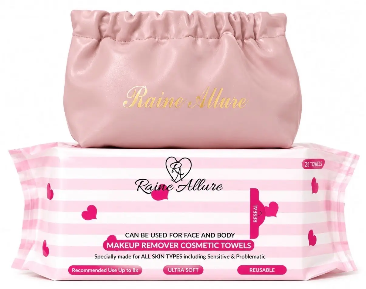 Raine Allure Makeup Remover Cosmetic Towels 200 Uses per Pack PLUS One On-the-go Travel Bag