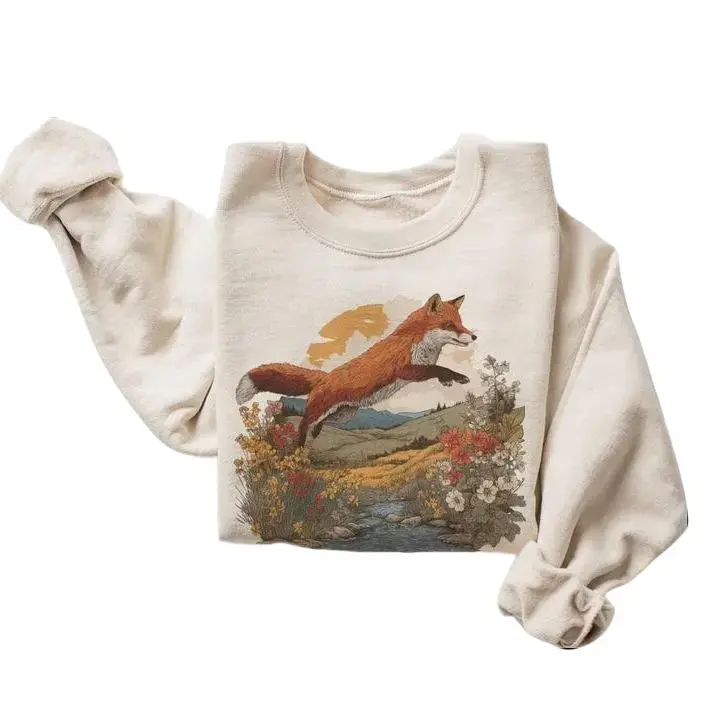 Women's Vintage Red Fox Sweatshirt, Bohemian Style Printed Crewneck with Cute 90s Jumping Fox Wildflower Graphic