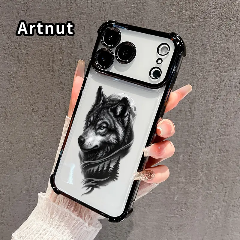 Wolf Under Moon Forest Pattern Phone Case for iPhone 17 16 Pro Max 15 Plus 14 13 12 11 E Air Electroplated Cover with Airbag Shockproof Soft Silicone Casing