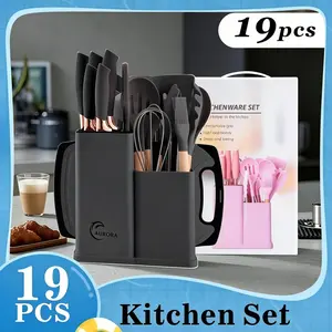 Kitchen 19 Pieces Knife Set with KnifeStorage Rack,High Carbon Stainless Steel SharpBlade Block Knife Set,1Plastic Storage Stand,Easyto Clean,Gift Set Durable Kitchenware Black kitchen accessories whisk