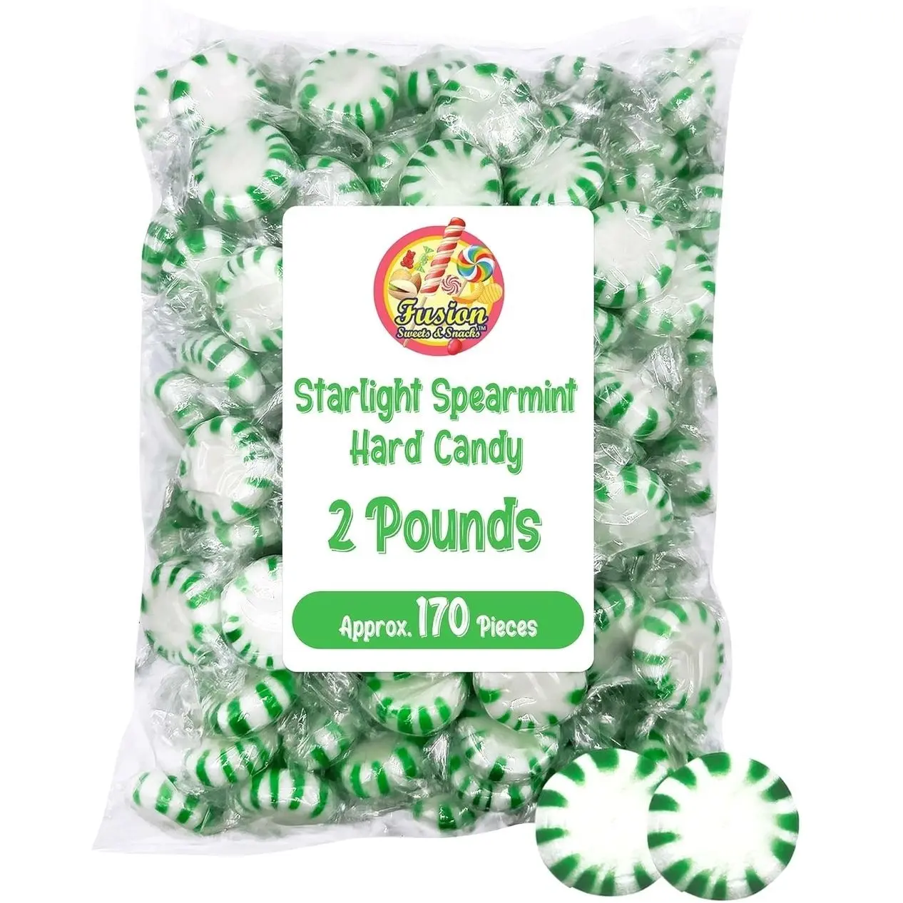 Starlight Spearmint Candy - 2 Pound Bulk (Approx 170 Pieces) Individually Wrapped Mints - Refreshing Green & White Spearmint Hard Candy Discs