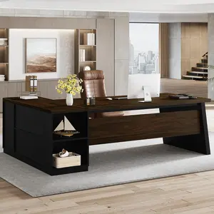 LITTLE TREE 78" L Shaped Executive Desk, Large Office Desk with Drawers and Storage Shelves, Modern Corner Computer Table Business Furniture for Home Office