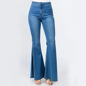 PLUS SIZE HIGH WAIST BELL BOTTOM SLIT DENIM JEANS Button Comfort